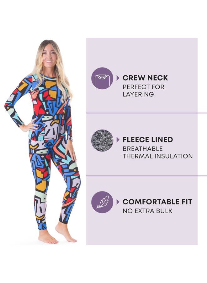 Rocky Thermal Underwear for Women, Long Johns Fleece Lined Set, Shirt & Pants, Base Layer w/Leggings/Bottoms Ski/Extreme Cold, Geometric Design, S - Image 2