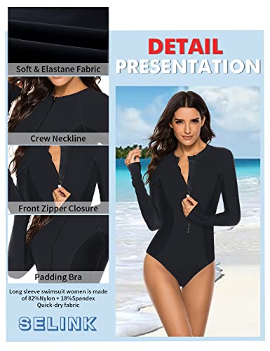 SELINK Women's Long Sleeve Rash Guard UV Protection Zipper Printed Surfing One Piece Swimsuit Bathing Suit Pure Black L - Image 4