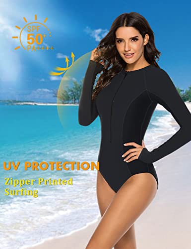 SELINK Women's Long Sleeve Rash Guard UV Protection Zipper Printed Surfing One Piece Swimsuit Bathing Suit Pure Black L - Image 3