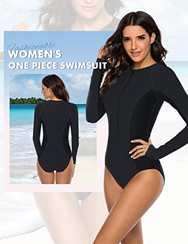 SELINK Women's Long Sleeve Rash Guard UV Protection Zipper Printed Surfing One Piece Swimsuit Bathing Suit Pure Black L - Image 2