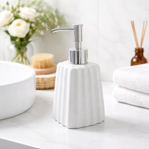 WHIZZO Premium Fluted Ceramic Soap Dispenser with ABS Chrome Pump | Refillable Liquid Hand Wash, Lotion & Dish Soap Bottle | Modern Bathroom & Kitchen Countertop Accessory (White, LD-047-D3) - Image 1