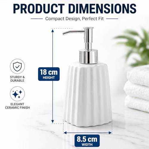 WHIZZO Premium Fluted Ceramic Soap Dispenser with ABS Chrome Pump | Refillable Liquid Hand Wash, Lotion & Dish Soap Bottle | Modern Bathroom & Kitchen Countertop Accessory (White, LD-047-D3) - Image 3