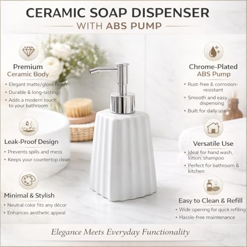 WHIZZO Premium Fluted Ceramic Soap Dispenser with ABS Chrome Pump | Refillable Liquid Hand Wash, Lotion & Dish Soap Bottle | Modern Bathroom & Kitchen Countertop Accessory (White, LD-047-D3) - Image 4