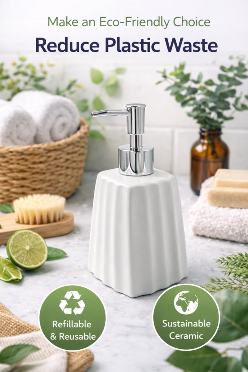 WHIZZO Premium Fluted Ceramic Soap Dispenser with ABS Chrome Pump | Refillable Liquid Hand Wash, Lotion & Dish Soap Bottle | Modern Bathroom & Kitchen Countertop Accessory (White, LD-047-D3) - Image 2
