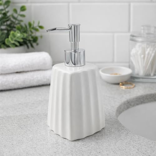 WHIZZO Premium Fluted Ceramic Soap Dispenser with ABS Chrome Pump | Refillable Liquid Hand Wash, Lotion & Dish Soap Bottle | Modern Bathroom & Kitchen Countertop Accessory (White, LD-047-D3) - Image 5