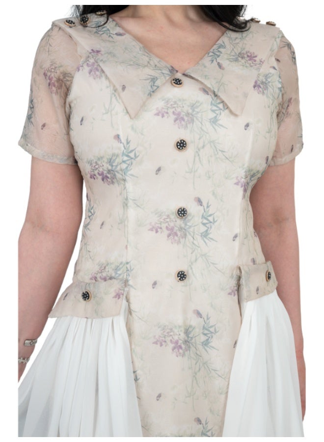 The Dreamy Dancing Horse Dress Elegant V-Neck Floral Dress with Flowing Chiffon Panels  - Image 3