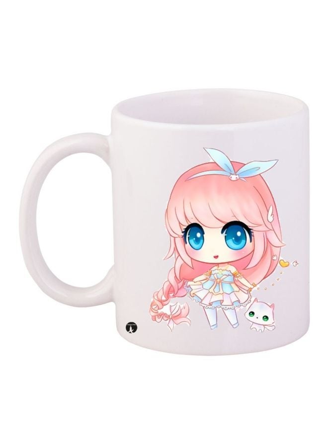 Cartoon Girl Printed Coffee Mug White/Pink/Blue 11ounce