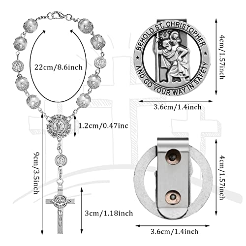 Frienda 4 Pcs Saint Benedict Silver Car Rosary Rearview Mirror Auto Rosary Hanging Personalized with Car Silver Saint Christopher Visor Clip Religious Car Medals, Car Mirror Hanging Accessories for Truck Bike - Image 3