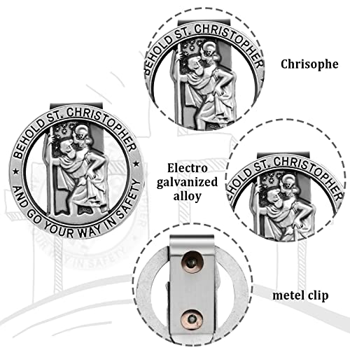 Frienda 4 Pcs Saint Benedict Silver Car Rosary Rearview Mirror Auto Rosary Hanging Personalized with Car Silver Saint Christopher Visor Clip Religious Car Medals, Car Mirror Hanging Accessories for Truck Bike - Image 2