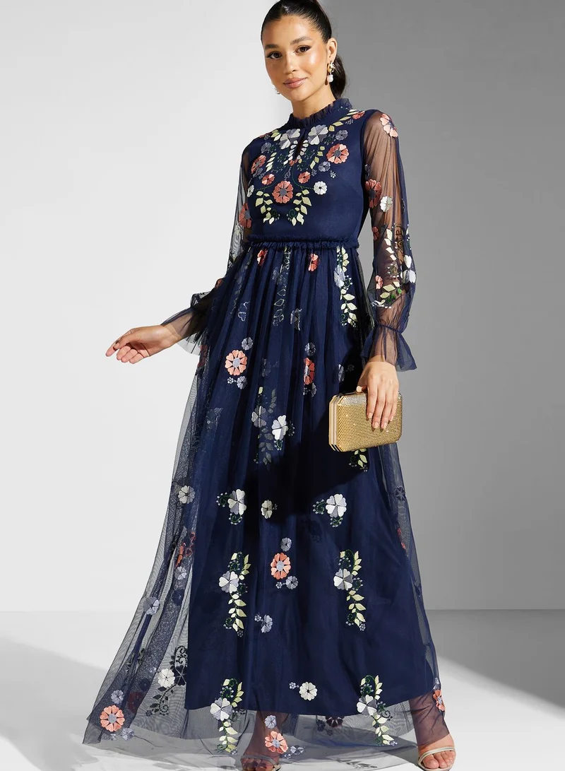 Frock and Frill Floral Mesh Detail Dress