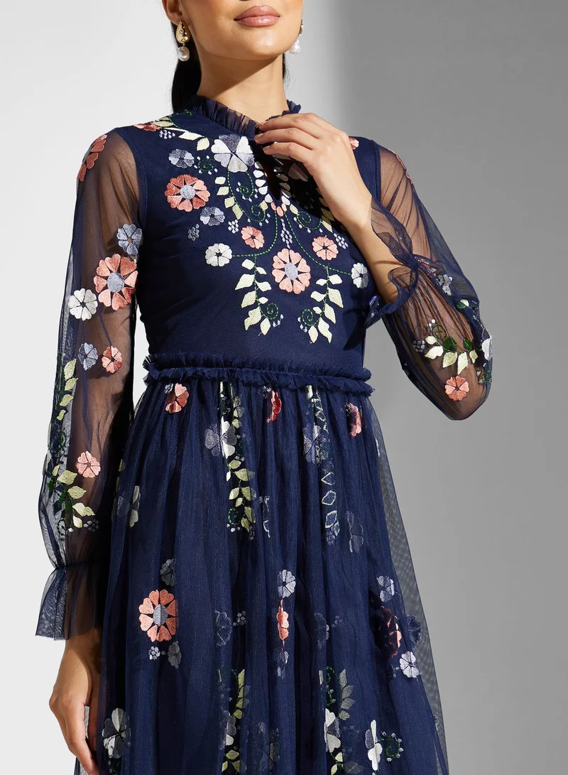 Frock and Frill Floral Mesh Detail Dress