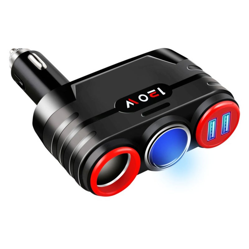 Dual USB Car Charger with Cigarette Lighter Socket Black/Red