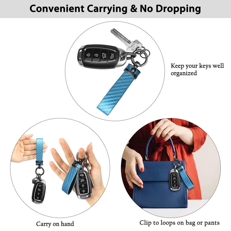 QBUC Carbon Fiber Style Car Key Chain Microfiber Leather Key Fob Keychains for Men Women with 360-degree Rotatable Swivel, Anti-Lost D-Ring, 2 Keyrings (Blue) - Image 2