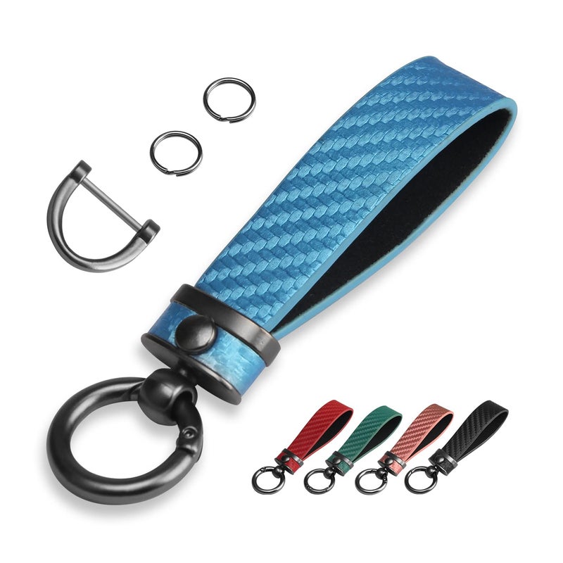 QBUC Carbon Fiber Style Car Key Chain Microfiber Leather Key Fob Keychains for Men Women with 360-degree Rotatable Swivel, Anti-Lost D-Ring, 2 Keyrings (Blue) - Image 1