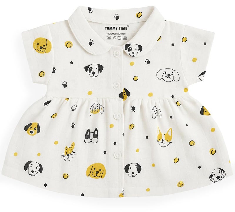 TUMMY TIME Muslin Front Open Frock for Newborn Baby – White Printed, Half Sleeve | Muslin Soft Cotton Dress - Image 4