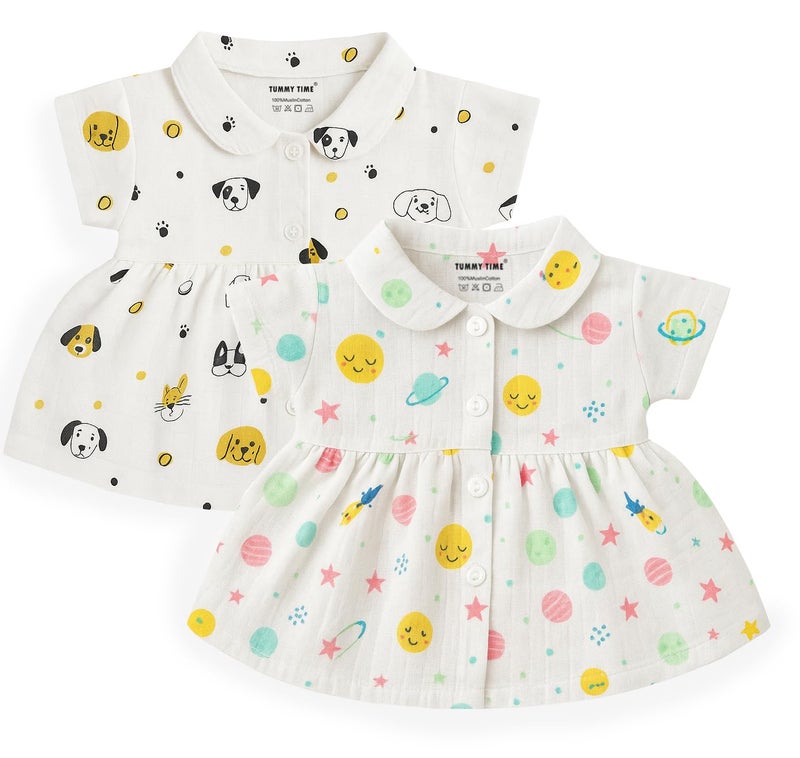 TUMMY TIME Muslin Front Open Frock for Newborn Baby – White Printed, Half Sleeve | Muslin Soft Cotton Dress - Image 1