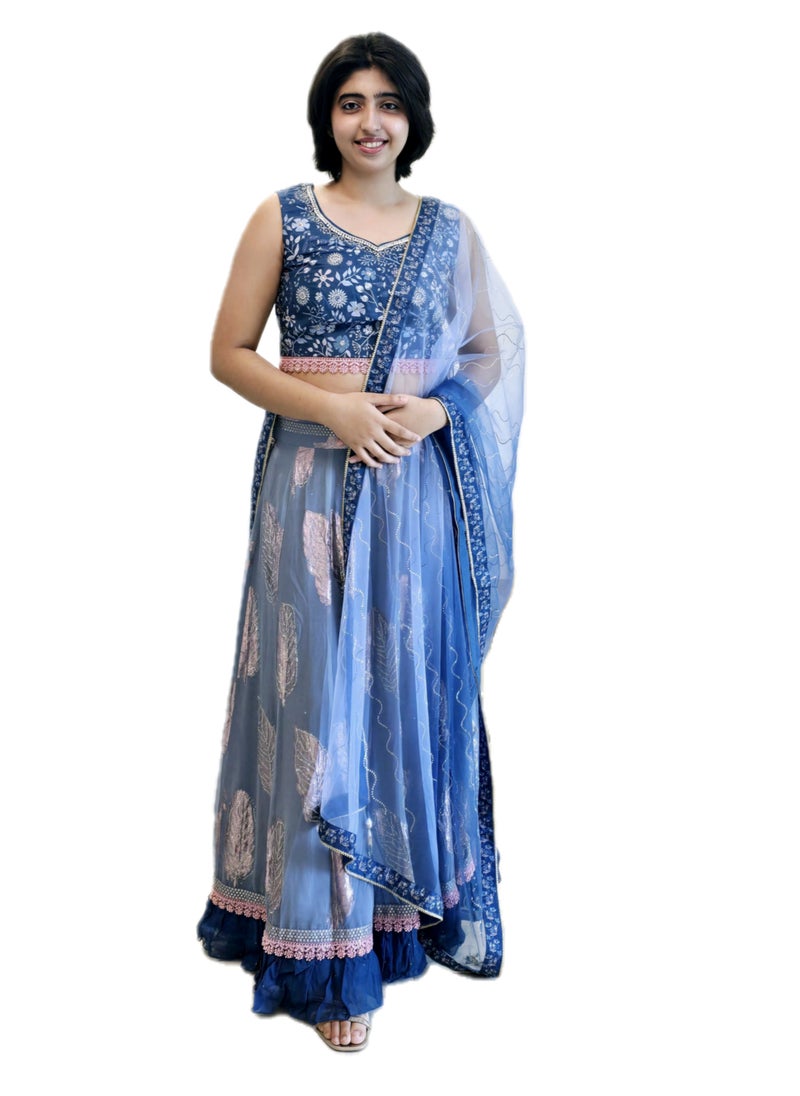 Grab Mantra Ready To Wear Georgette Greyish Blue Stone Work Lehanga With Stitched Silk Designer Blouse Plus Net Dupatta  - Image 2