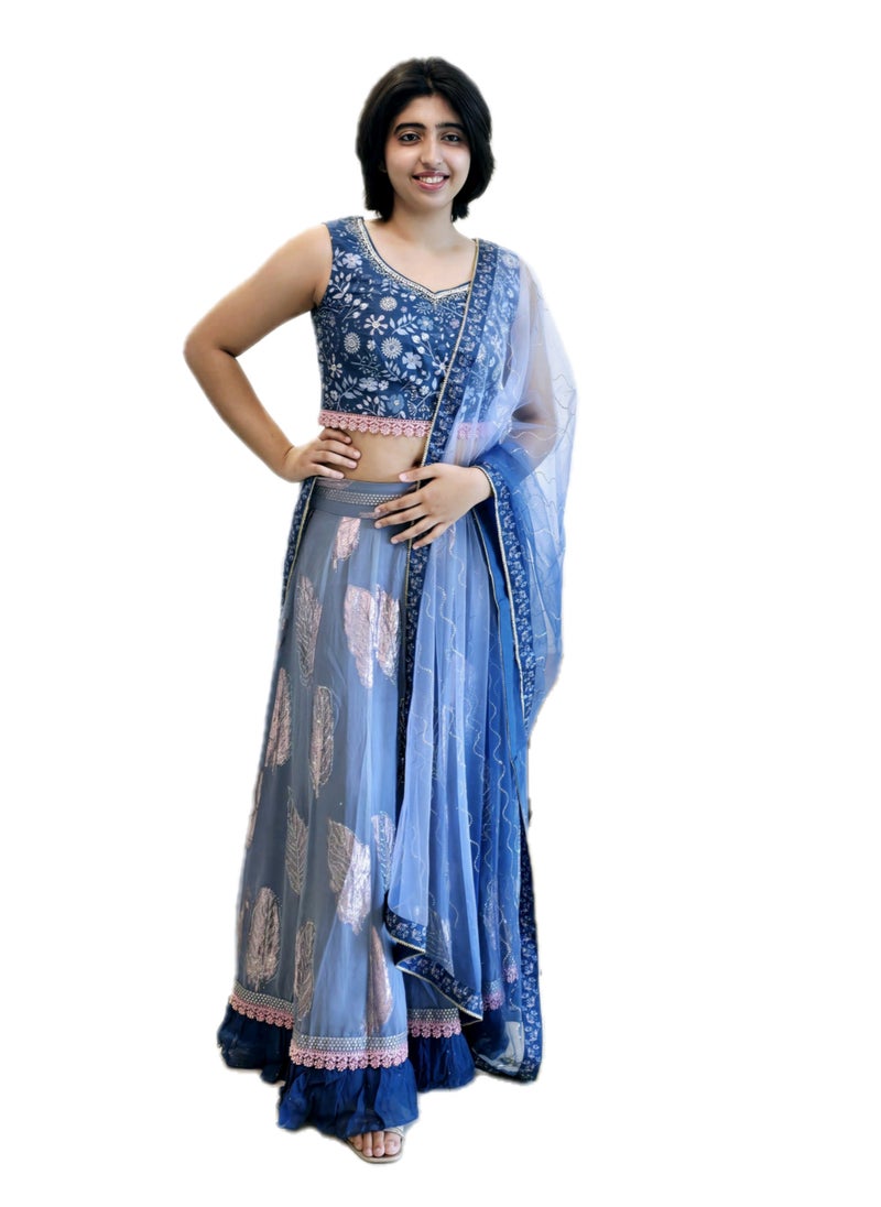 Grab Mantra Ready To Wear Georgette Greyish Blue Stone Work Lehanga With Stitched Silk Designer Blouse Plus Net Dupatta  - Image 3