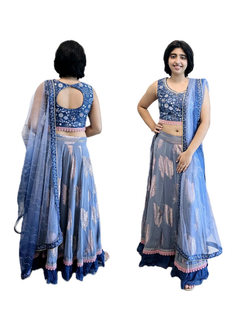 Grab Mantra Ready To Wear Georgette Greyish Blue Stone Work Lehanga With Stitched Silk Designer Blouse Plus Net Dupatta  - Image 1