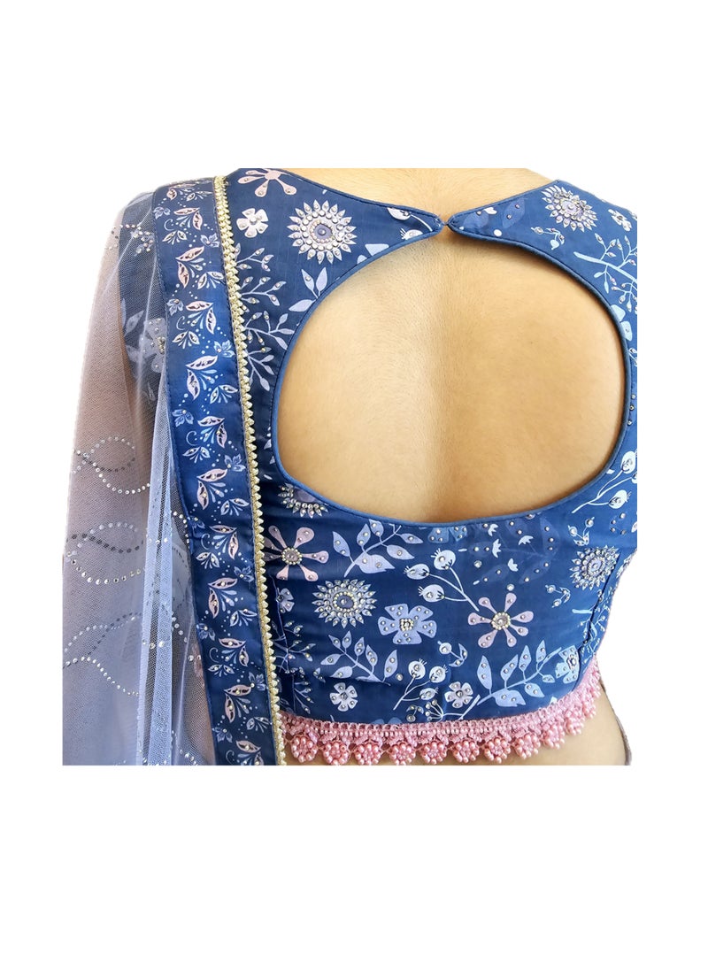 Grab Mantra Ready To Wear Georgette Greyish Blue Stone Work Lehanga With Stitched Silk Designer Blouse Plus Net Dupatta  - Image 5