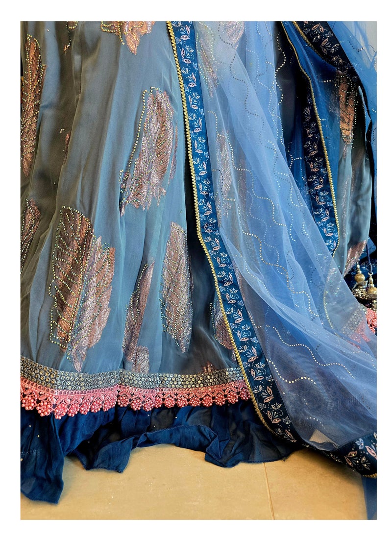 Grab Mantra Ready To Wear Georgette Greyish Blue Stone Work Lehanga With Stitched Silk Designer Blouse Plus Net Dupatta  - Image 4