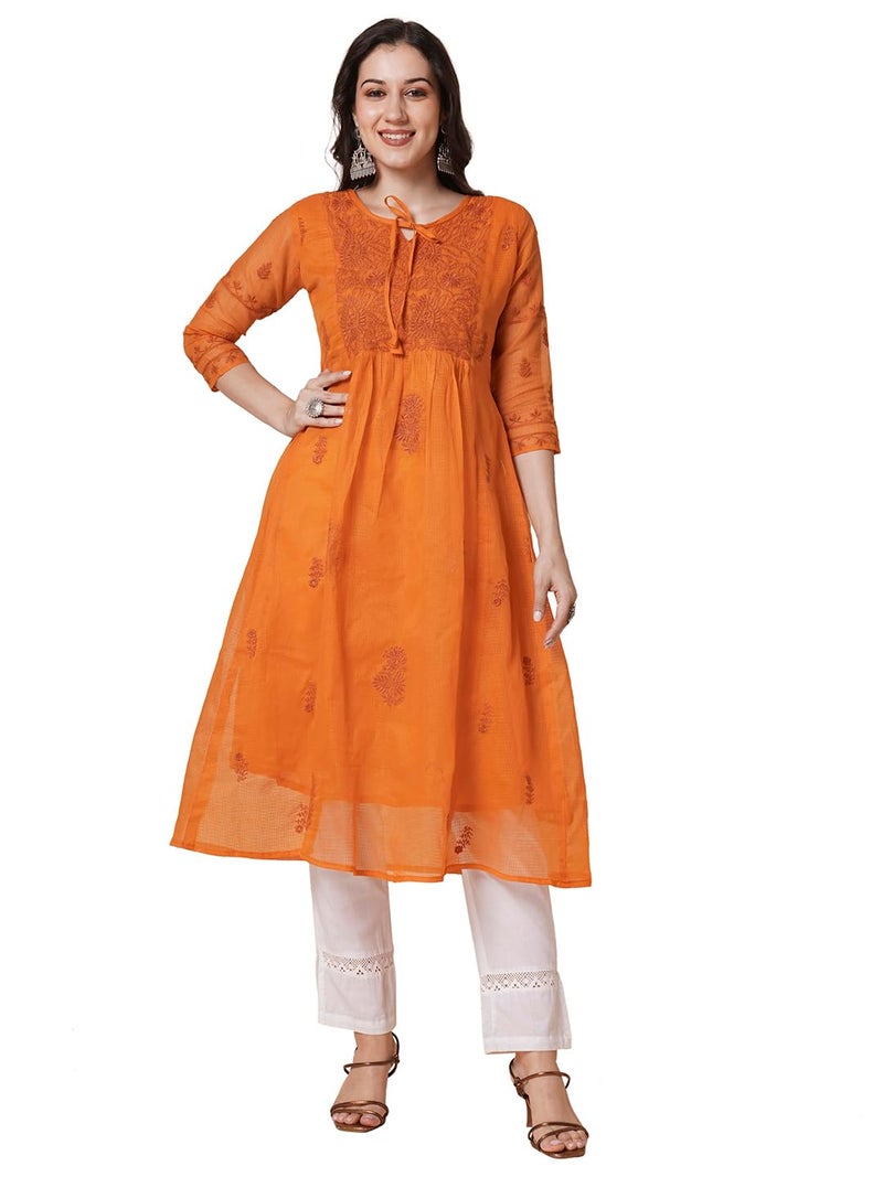 RATAN Women Cotton Regular Fit Muga Flared Lucknowi Chikankari Ethnic Wear Kurta (TPD-4484-Small_Rust) - Image 1