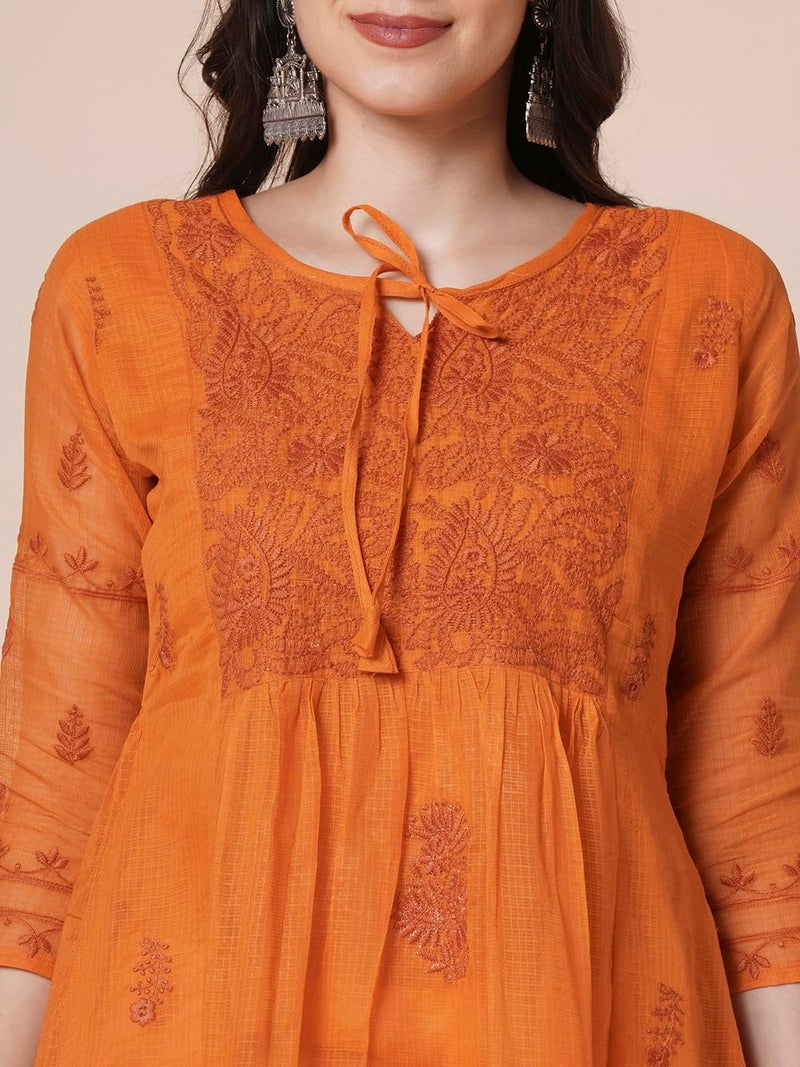RATAN Women Cotton Regular Fit Muga Flared Lucknowi Chikankari Ethnic Wear Kurta (TPD-4484-Small_Rust) - Image 4