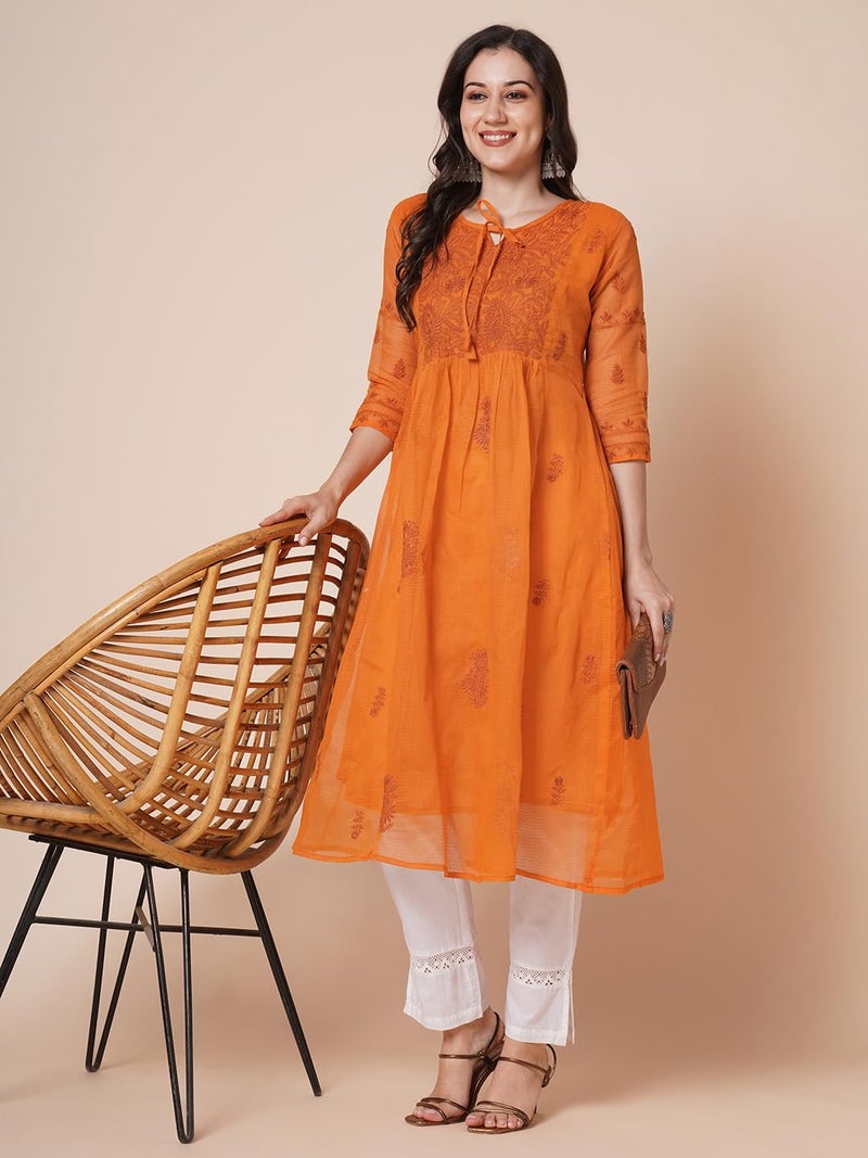 RATAN Women Cotton Regular Fit Muga Flared Lucknowi Chikankari Ethnic Wear Kurta (TPD-4484-Small_Rust) - Image 5