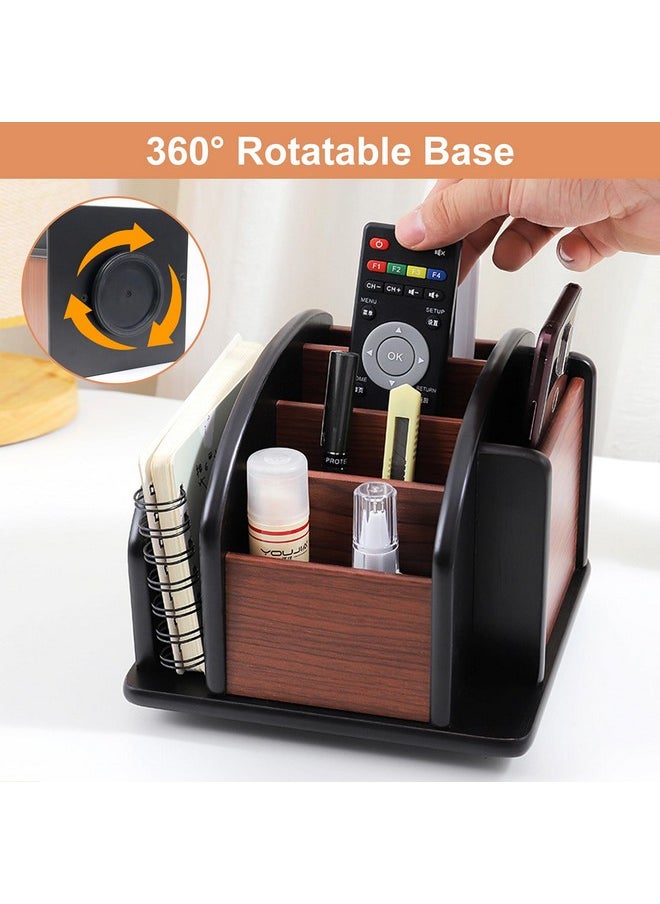 Coideal Remote Control Holder Caddy - Wooden Rotating Coffee Table Organizer Large Spinning Wood Remote Holder For Living Room Office (6 Compartments, Brown & Black)  - Image 5