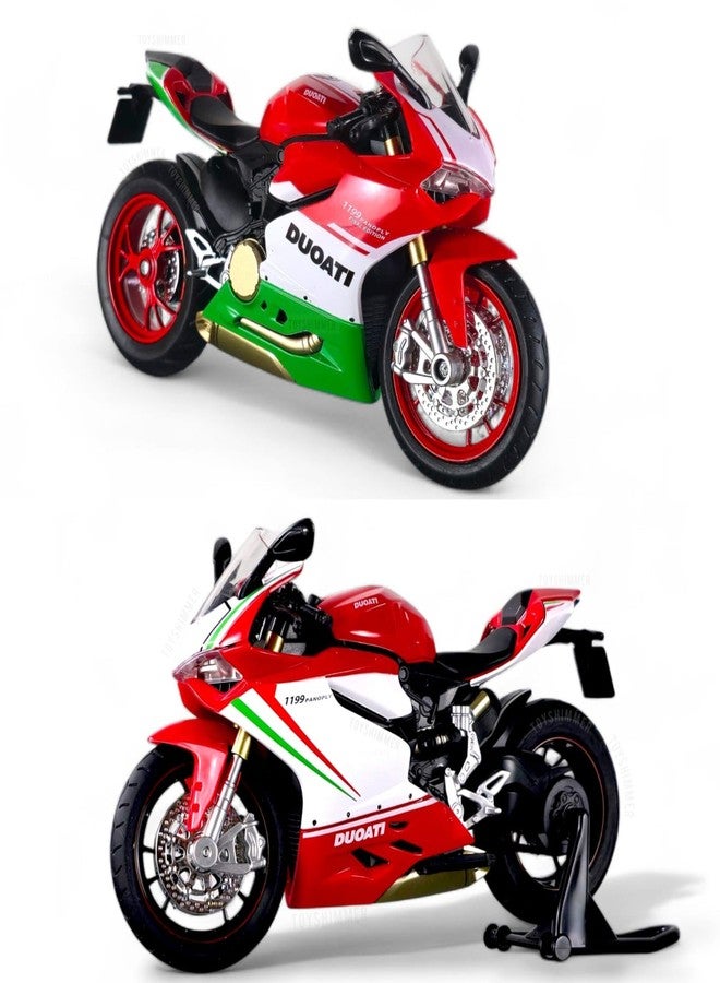 Toyshimmer Combo of 2 Ducati 1199 Superleggera Diecast Motorcycle Model, 1:12 Scale, Red-Green and Red-White, with Light and Sound, Ages 8-14 - Image 1