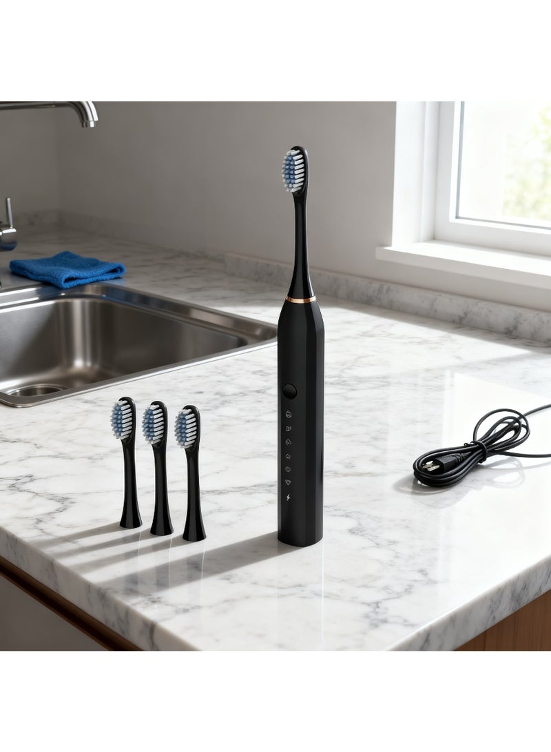 Electric toothbrush, fully automatic rechargeable ultrasonic toothbrush, highly effective cleaning, soft bristles, waterproof, suitable for adults, students, couples, men, women and children, Obsidian Black [includes 4 brush heads] - Image 5