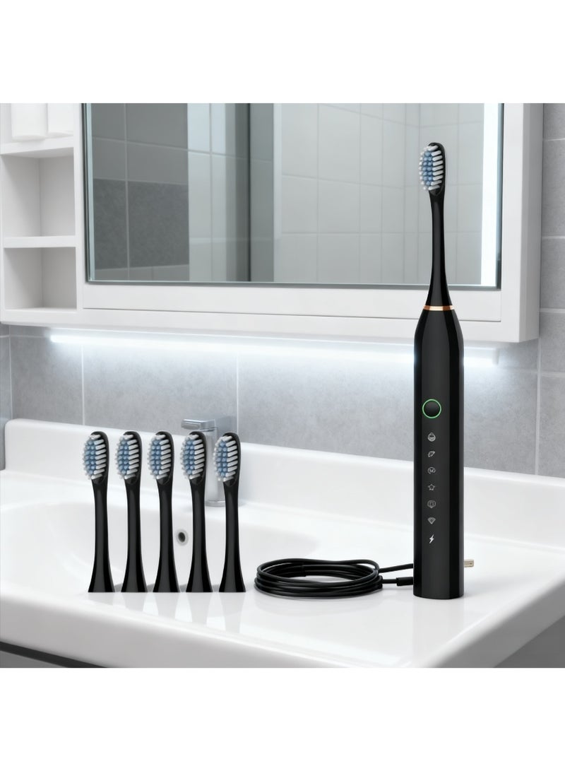 Electric toothbrush, fully automatic rechargeable ultrasonic toothbrush, highly effective cleaning, soft bristles, waterproof, suitable for adults, students, couples, men, women and children, Obsidian Black [includes 4 brush heads] - Image 4