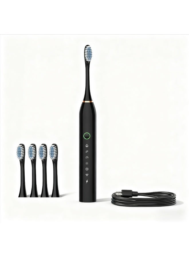 Electric toothbrush, fully automatic rechargeable ultrasonic toothbrush, highly effective cleaning, soft bristles, waterproof, suitable for adults, students, couples, men, women and children, Obsidian Black [includes 4 brush heads] - Image 1