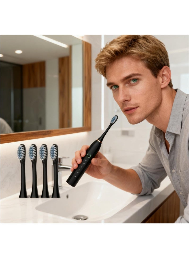 Electric toothbrush, fully automatic rechargeable ultrasonic toothbrush, highly effective cleaning, soft bristles, waterproof, suitable for adults, students, couples, men, women and children, Obsidian Black [includes 4 brush heads] - Image 2