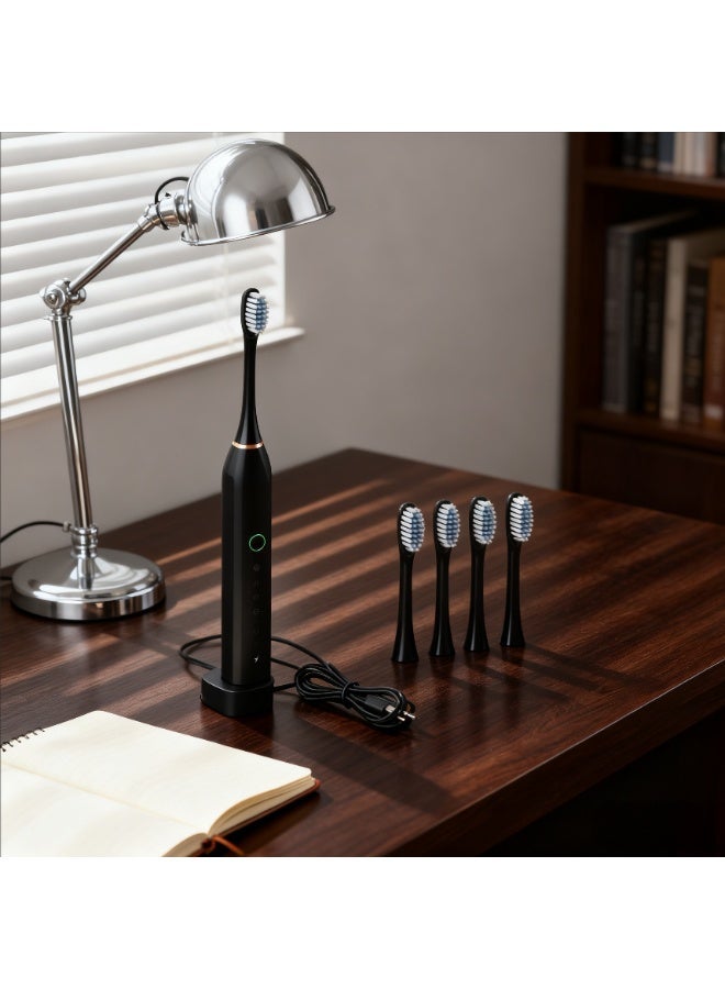 فرشاة أسنان كهربائية، فرشاة أسنان بالموجات فوق الصوتية قابلة لإعادة الشحن أوتوماتيكية بالكامل، تنظيف فعال للغاية، شعيرات ناعمة، مقاومة للماء، مناسبة للبالغين والطلاب والأزواج والرجال والنساء والأطفال، أسود أوبسيديان [تتضمن 4 رؤوس فرشاة] - Image 5