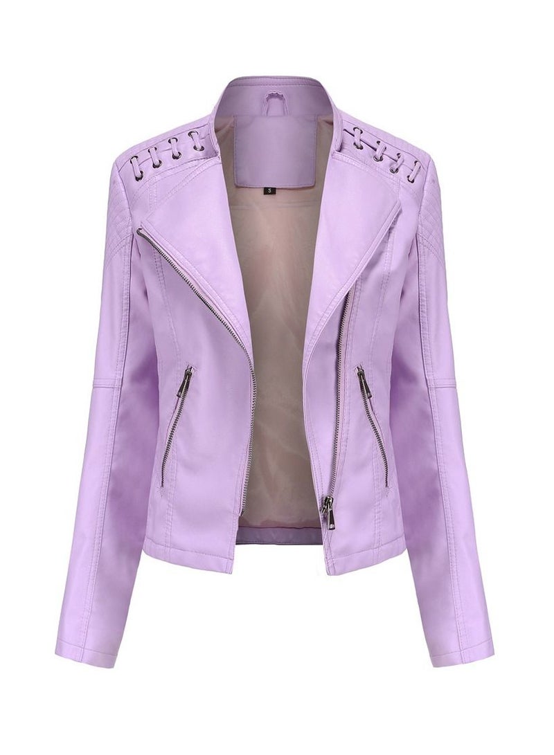 Loquat 2023 New Women's Leather Short Jacket Slim Fit Thin Leather Coat Light Sakura  - Image 1
