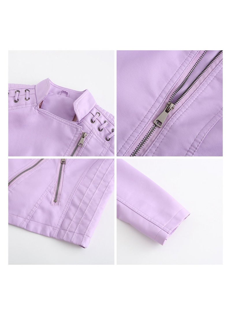Loquat 2023 New Women's Leather Short Jacket Slim Fit Thin Leather Coat Light Sakura  - Image 2