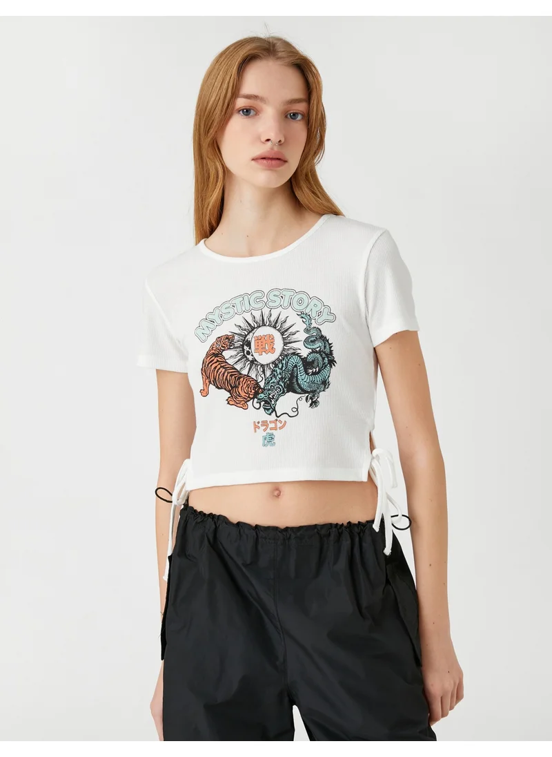 كوتون Crop T-Shirt Printed Crew Neck Short Sleeve Tie Detail