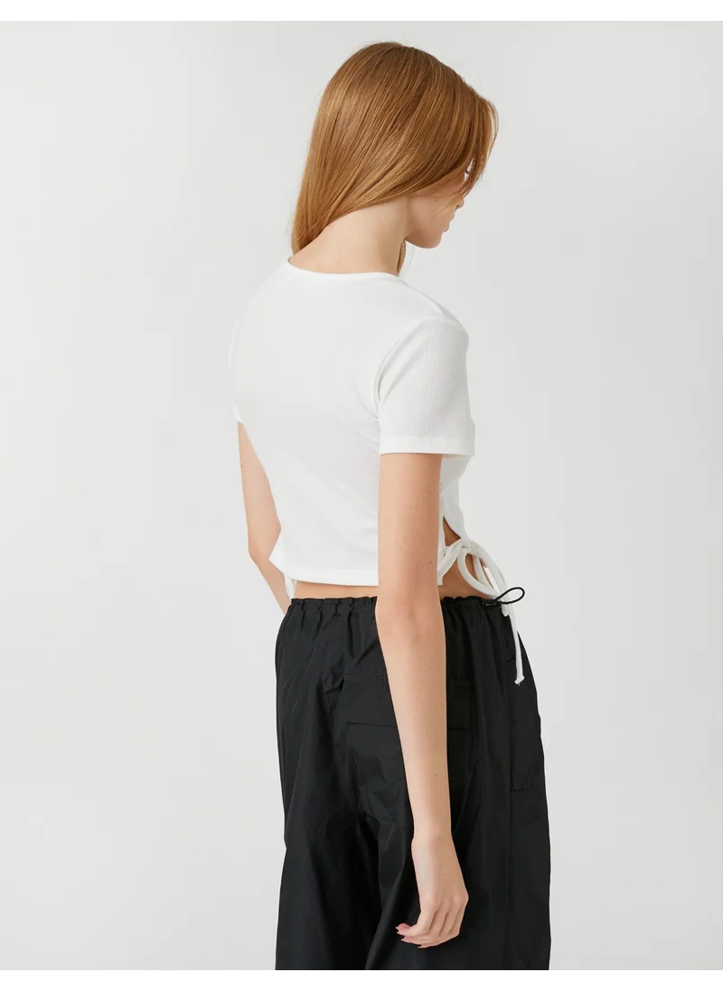 كوتون Crop T-Shirt Printed Crew Neck Short Sleeve Tie Detail