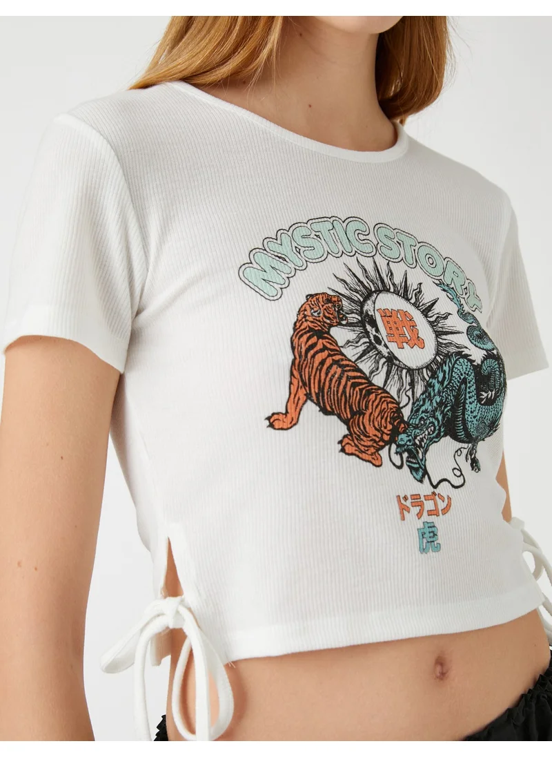 كوتون Crop T-Shirt Printed Crew Neck Short Sleeve Tie Detail