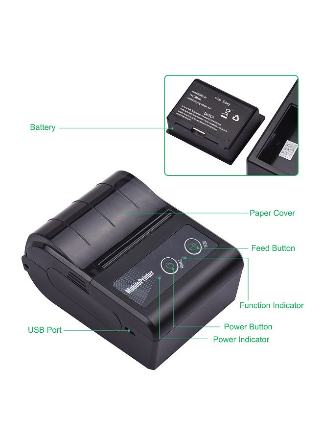 Portable 58mm 2 Inches Wireless BT Thermal Bill Receipt Printer Mini Mobile POS Printer Support ESC/POS Print Command Compatible with Android iOS Windows