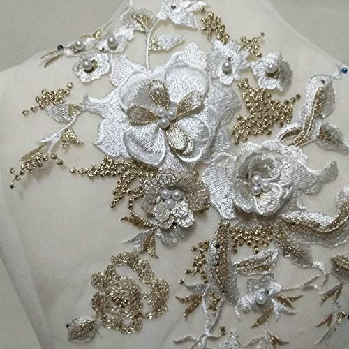 FEEPOP 3D Embroidered Patches Nail Bead Tulle Applique Flower Patch for Clothing Wedding Dress Lace C Fabric DIY Decoration (White + Gold) - Image 2