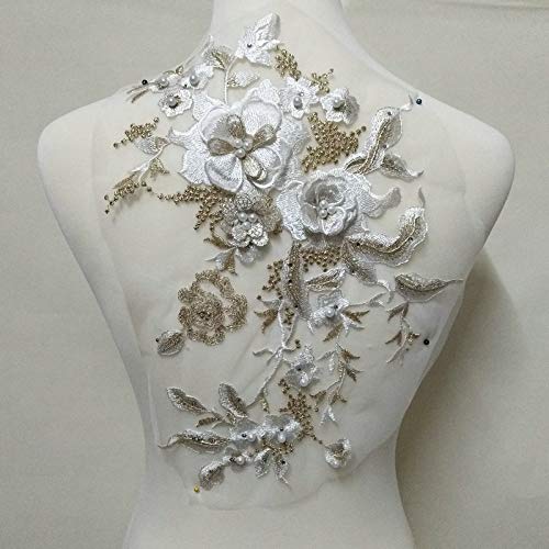 FEEPOP 3D Embroidered Patches Nail Bead Tulle Applique Flower Patch for Clothing Wedding Dress Lace C Fabric DIY Decoration (White + Gold) - Image 4