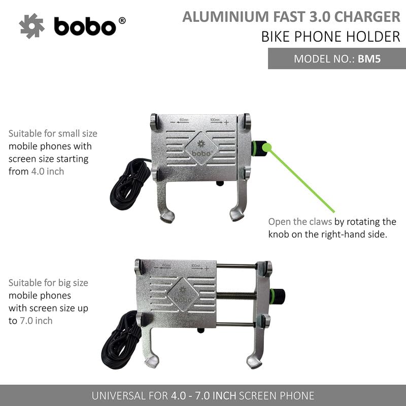 Bobo BM5 Aluminium Waterproof Bike/Motorcycle/Scooter Mobile Phone Holder Mount with Fast USB 3.0 Charger, Ideal for Maps and GPS Navigation (Silver) - Image 3