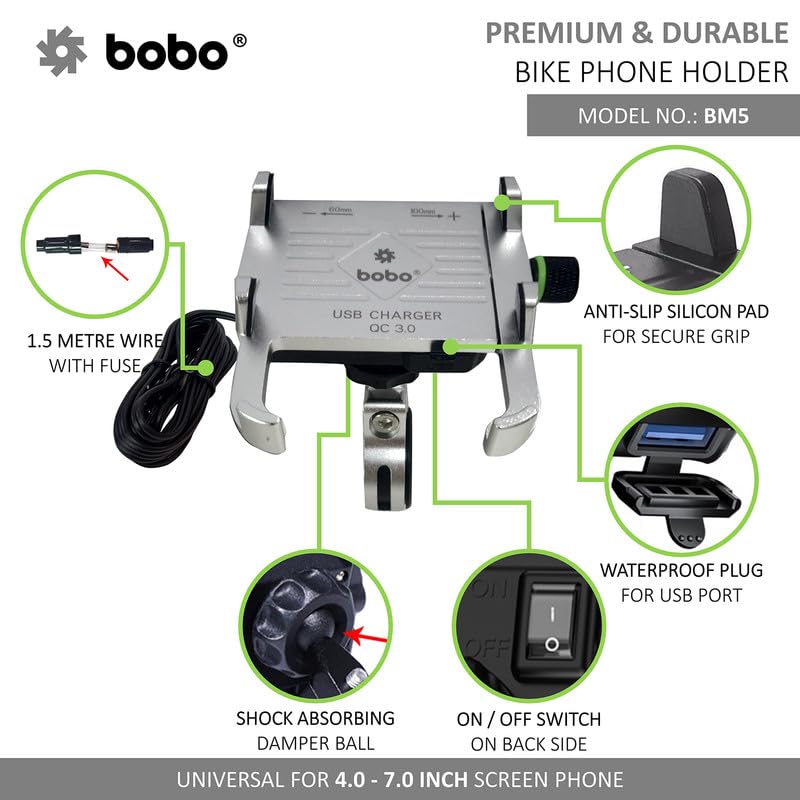 Bobo BM5 Aluminium Waterproof Bike/Motorcycle/Scooter Mobile Phone Holder Mount with Fast USB 3.0 Charger, Ideal for Maps and GPS Navigation (Silver) - Image 2