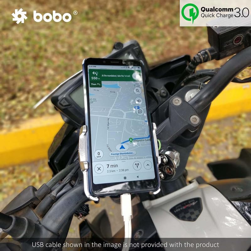 Bobo BM5 Aluminium Waterproof Bike/Motorcycle/Scooter Mobile Phone Holder Mount with Fast USB 3.0 Charger, Ideal for Maps and GPS Navigation (Silver) - Image 5