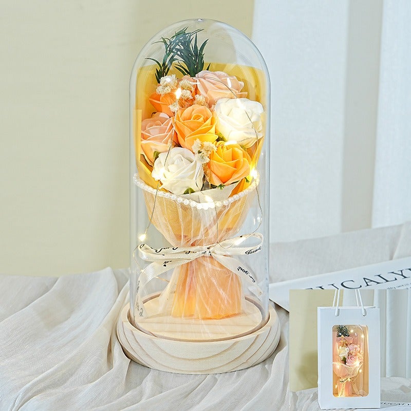 Preserved Rose Flower Gift Box with Wooden Base - 7 Roses Bouquet for Teacher's Day, Birthday & Special Occasions