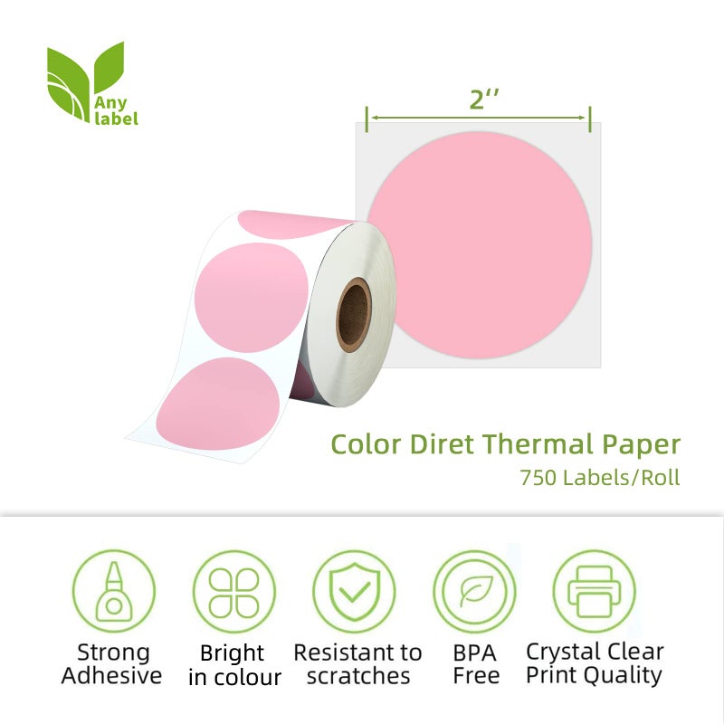 Anylabel 2" Pink Circle Direct Thermal Labels, Self-Adhesive Round Direct Thermal Stickers, Multi-Purpose Roll Sticker Labels for DIY Logo Brand Design, QR Code, Name Tag(1 Roll, 750 Labels) - Image 2