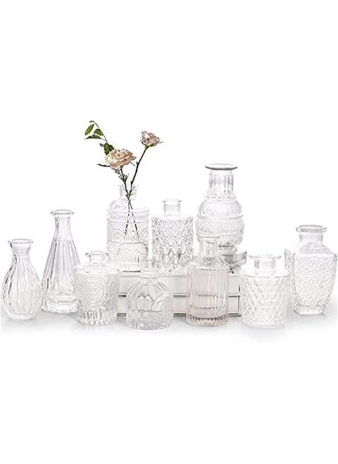 Glass Bud Vase Set of 10 - Small Vases for Flowers, Clear Bud Vases in Bulk, Cute Glass Vases for Centerpieces, Mini Vintage Vase for Rustic Wedding Decorations, Home Table Flower Decor