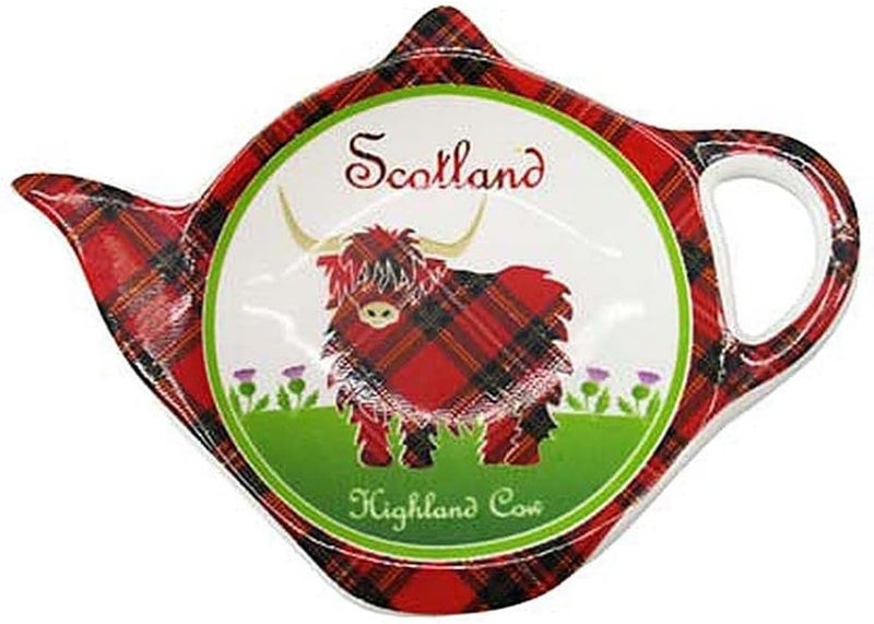 CLARA Highland Tartan Cow Teabag Holder - Teapot Shaped Resting Caddy Saucer/Scottish Tea Bag Saucer - New Bone China - 4"/10cm - Image 1